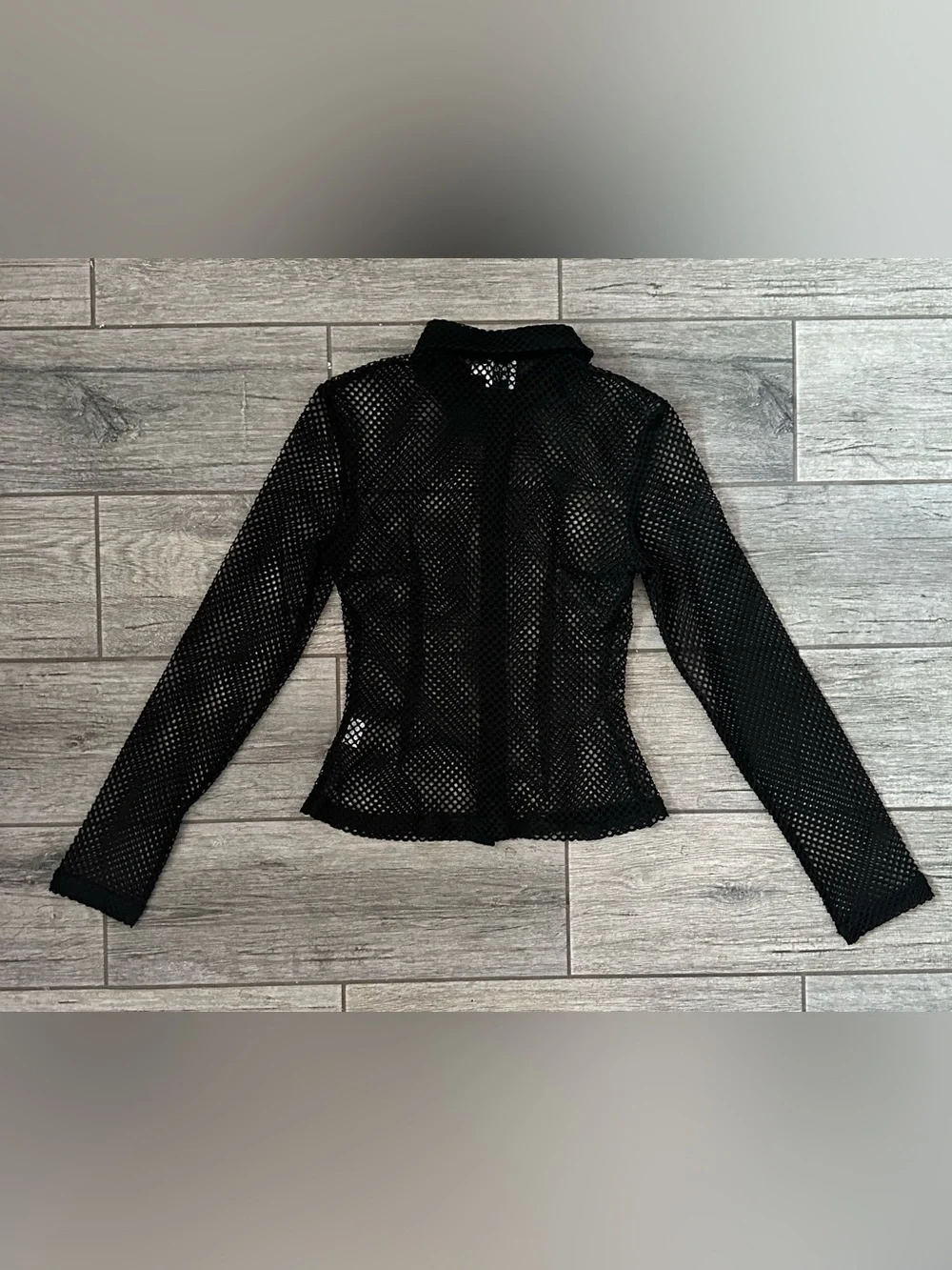 Princess Polly Black Open Knit Mesh Button-Down Long Sleeve Top